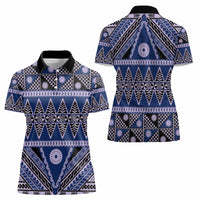 Vintage Bula Fiji Women Polo Shirt Prussian Blue Tapa Masi Motif