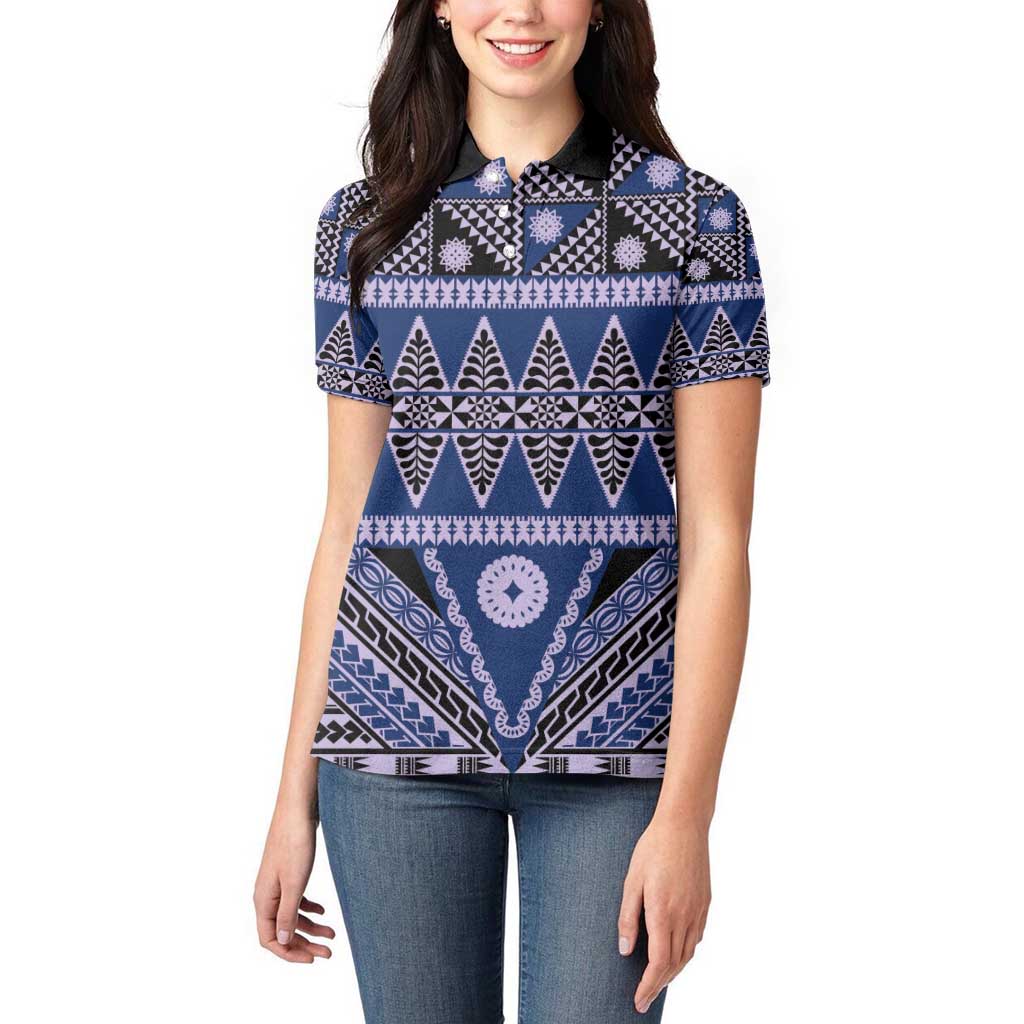 Vintage Bula Fiji Women Polo Shirt Prussian Blue Tapa Masi Motif