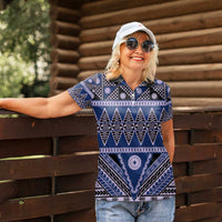 Vintage Bula Fiji Women Polo Shirt Prussian Blue Tapa Masi Motif