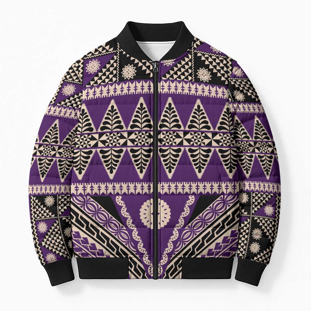 Vintage Bula Fiji Bomber Puffer Jacket Purple Tapa Masi Motif - Polynesian Pride