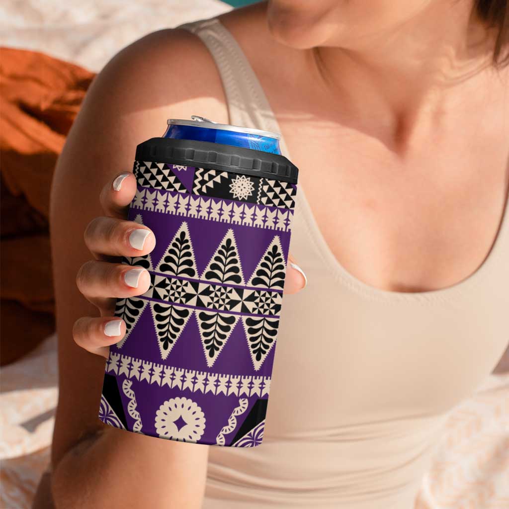 Vintage Bula Fiji 4 in 1 Can Cooler Tumbler Purple Tapa Masi Motif