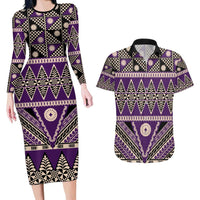 Vintage Bula Fiji Couples Matching Long Sleeve Bodycon Dress and Hawaiian Shirt Purple Tapa Masi Motif LT9 Purple - Polynesian Pride