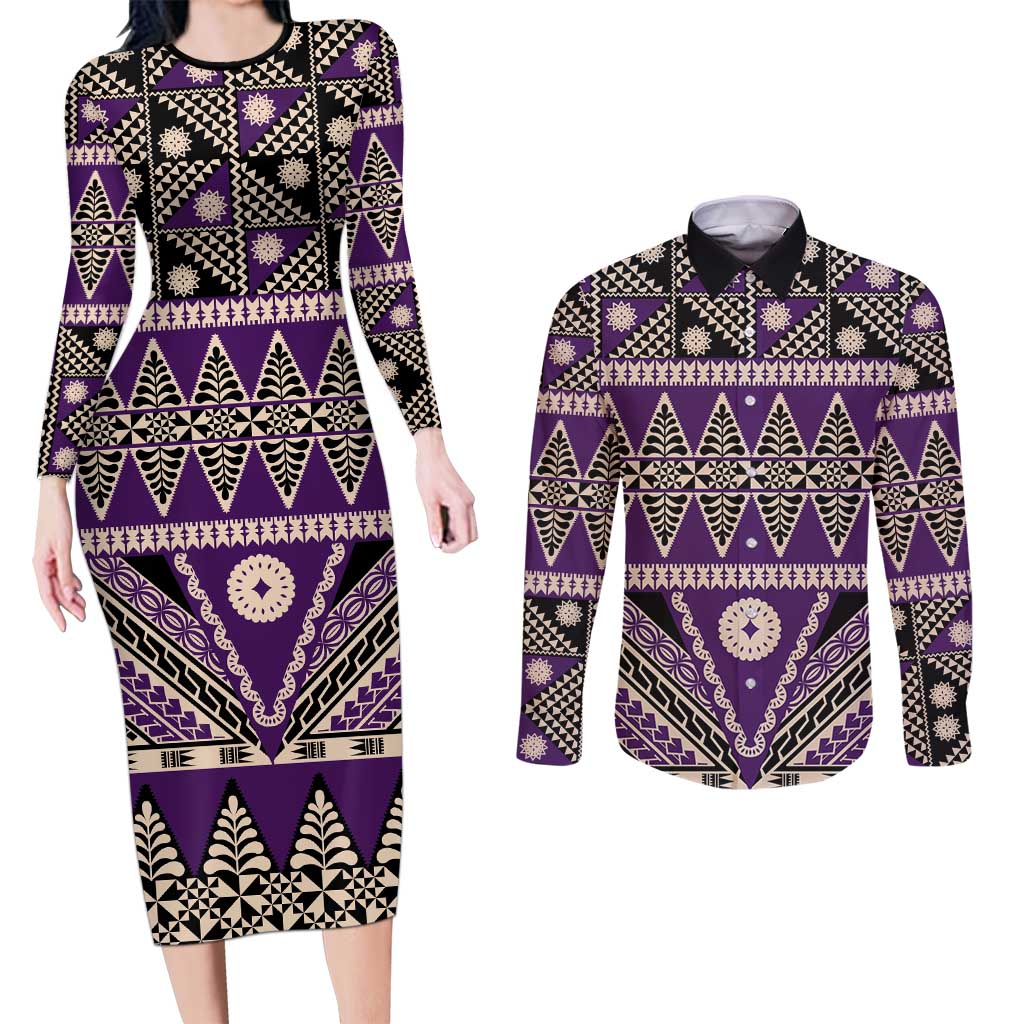 Vintage Bula Fiji Couples Matching Long Sleeve Bodycon Dress and Long Sleeve Button Shirt Purple Tapa Masi Motif LT9 Purple - Polynesian Pride