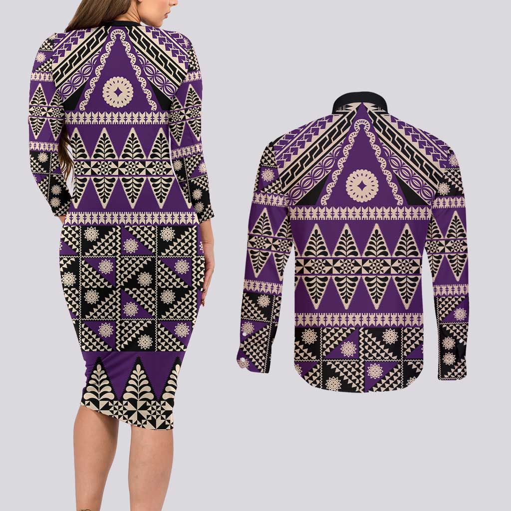 Vintage Bula Fiji Couples Matching Long Sleeve Bodycon Dress and Long Sleeve Button Shirt Purple Tapa Masi Motif LT9 - Polynesian Pride