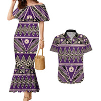 Vintage Bula Fiji Couples Matching Mermaid Dress and Hawaiian Shirt Purple Tapa Masi Motif LT9 Purple - Polynesian Pride