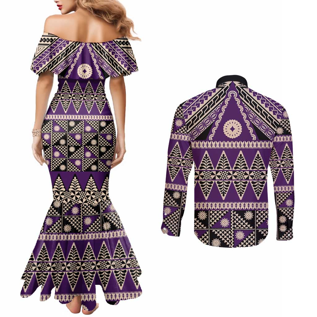 Vintage Bula Fiji Couples Matching Mermaid Dress and Long Sleeve Button Shirt Purple Tapa Masi Motif LT9 - Polynesian Pride