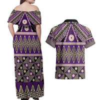 Vintage Bula Fiji Couples Matching Off Shoulder Maxi Dress and Hawaiian Shirt Purple Tapa Masi Motif LT9 - Polynesian Pride