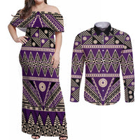 Vintage Bula Fiji Couples Matching Off Shoulder Maxi Dress and Long Sleeve Button Shirt Purple Tapa Masi Motif