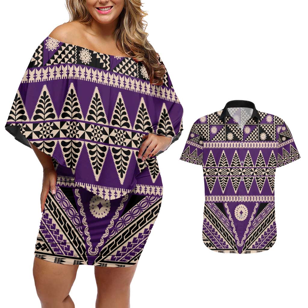 Vintage Bula Fiji Couples Matching Off Shoulder Short Dress and Hawaiian Shirt Purple Tapa Masi Motif