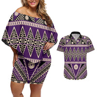 Vintage Bula Fiji Couples Matching Off Shoulder Short Dress and Hawaiian Shirt Purple Tapa Masi Motif LT9 Purple - Polynesian Pride