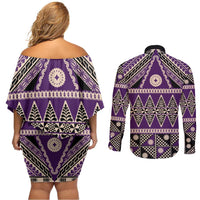 Vintage Bula Fiji Couples Matching Off Shoulder Short Dress and Long Sleeve Button Shirt Purple Tapa Masi Motif LT9 - Polynesian Pride