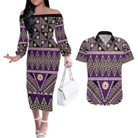 Vintage Bula Fiji Couples Matching Off The Shoulder Long Sleeve Dress and Hawaiian Shirt Purple Tapa Masi Motif LT9 Purple - Polynesian Pride