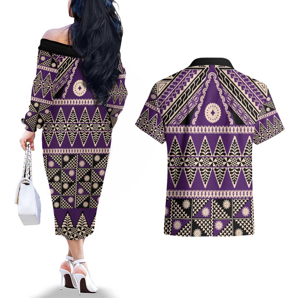 Vintage Bula Fiji Couples Matching Off The Shoulder Long Sleeve Dress and Hawaiian Shirt Purple Tapa Masi Motif LT9 - Polynesian Pride