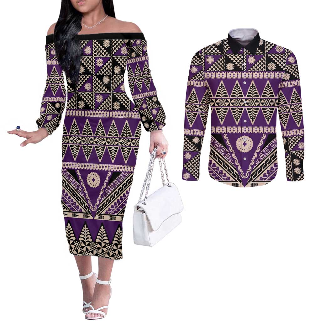 Vintage Bula Fiji Couples Matching Off The Shoulder Long Sleeve Dress and Long Sleeve Button Shirt Purple Tapa Masi Motif LT9 Purple - Polynesian Pride