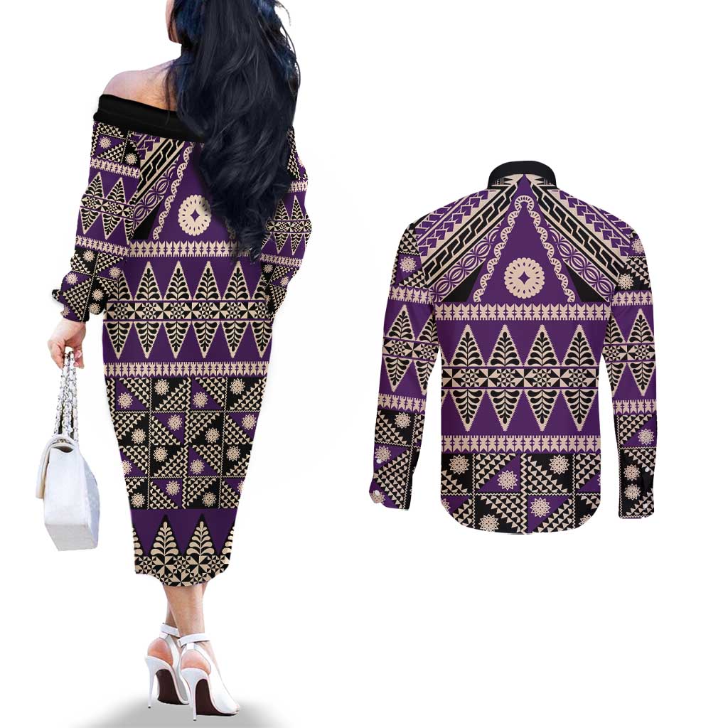 Vintage Bula Fiji Couples Matching Off The Shoulder Long Sleeve Dress and Long Sleeve Button Shirt Purple Tapa Masi Motif LT9 - Polynesian Pride