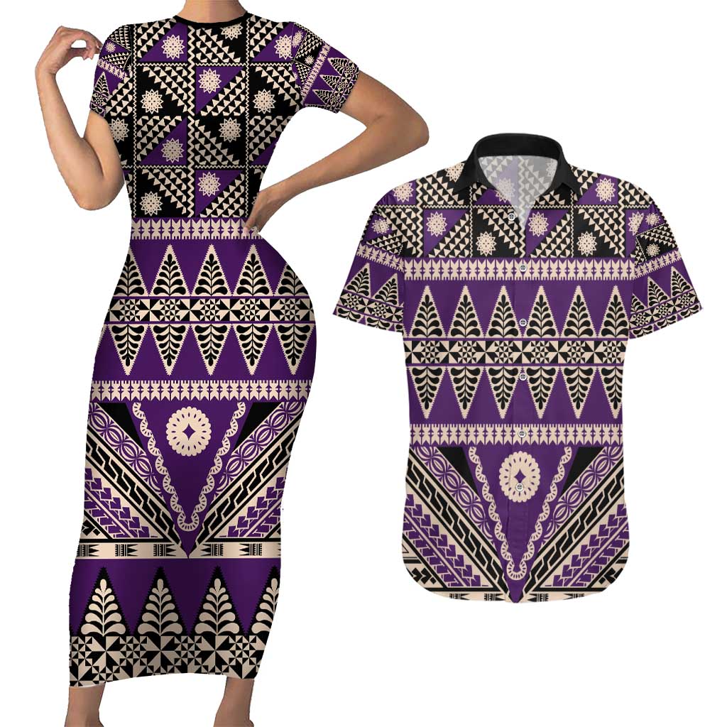 Vintage Bula Fiji Couples Matching Short Sleeve Bodycon Dress and Hawaiian Shirt Purple Tapa Masi Motif LT9 Purple - Polynesian Pride