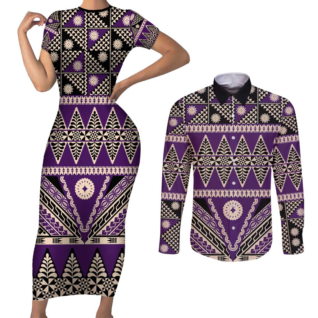 Vintage Bula Fiji Couples Matching Short Sleeve Bodycon Dress and Long Sleeve Button Shirt Purple Tapa Masi Motif LT9 Purple - Polynesian Pride
