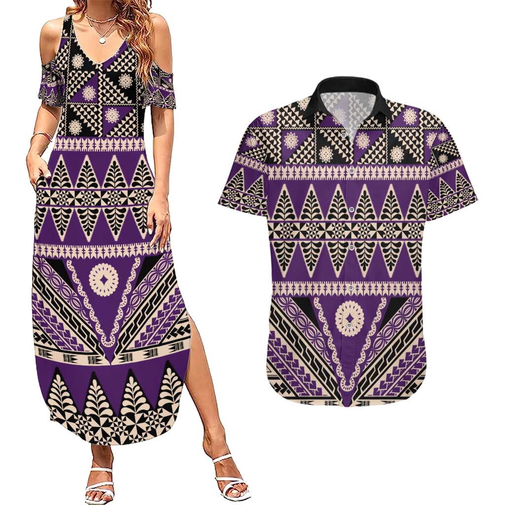 Vintage Bula Fiji Couples Matching Summer Maxi Dress and Hawaiian Shirt Purple Tapa Masi Motif LT9 Purple - Polynesian Pride