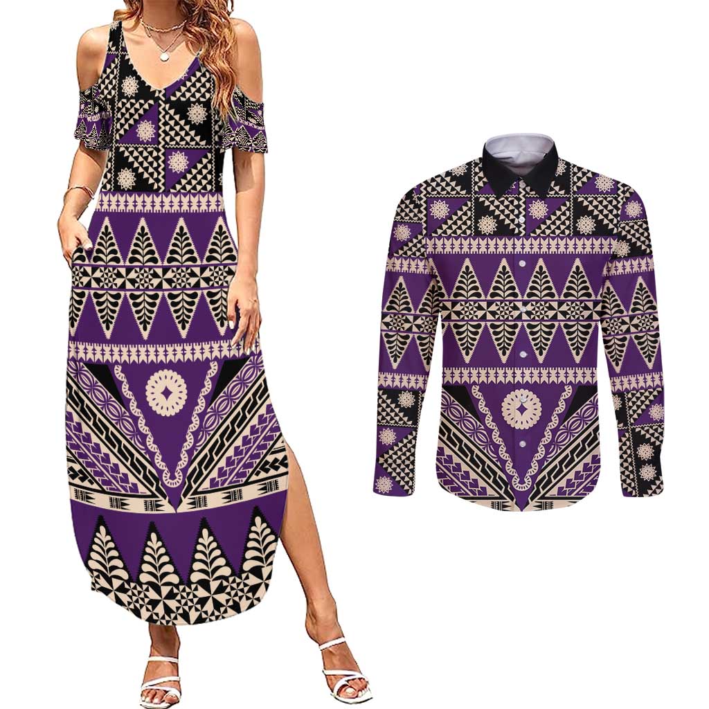 Vintage Bula Fiji Couples Matching Summer Maxi Dress and Long Sleeve Button Shirt Purple Tapa Masi Motif