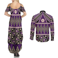 Vintage Bula Fiji Couples Matching Summer Maxi Dress and Long Sleeve Button Shirt Purple Tapa Masi Motif