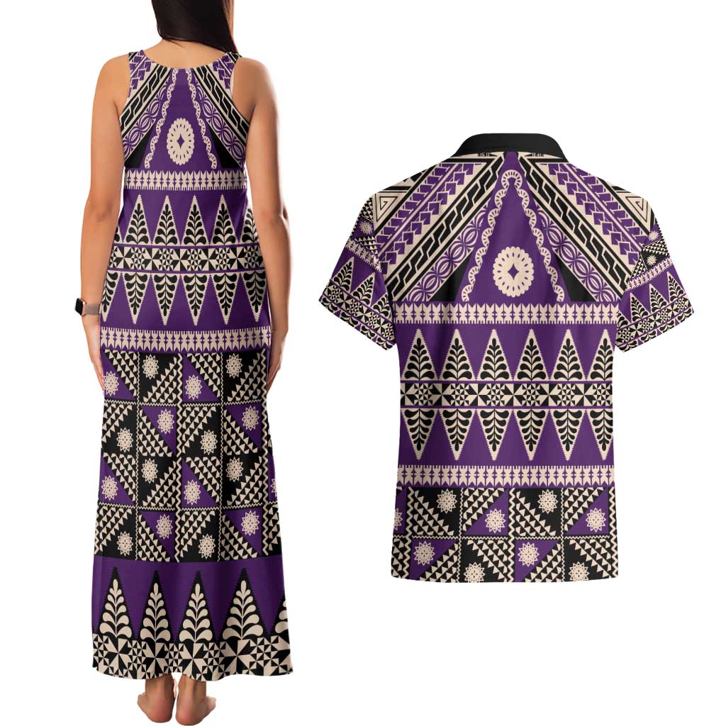 Vintage Bula Fiji Couples Matching Tank Maxi Dress and Hawaiian Shirt Purple Tapa Masi Motif LT9 - Polynesian Pride