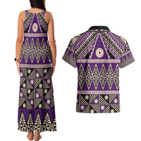 Vintage Bula Fiji Couples Matching Tank Maxi Dress and Hawaiian Shirt Purple Tapa Masi Motif LT9 - Polynesian Pride