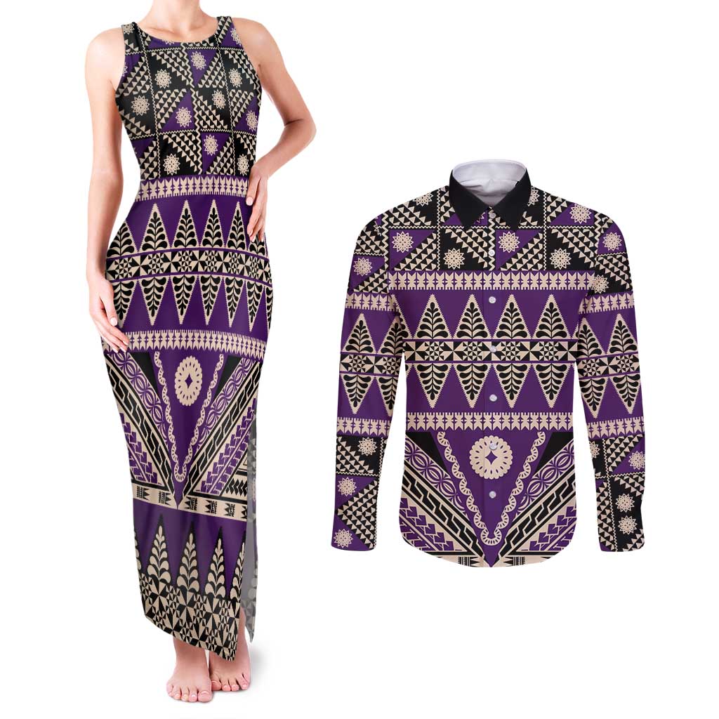 Vintage Bula Fiji Couples Matching Tank Maxi Dress and Long Sleeve Button Shirt Purple Tapa Masi Motif LT9 Purple - Polynesian Pride