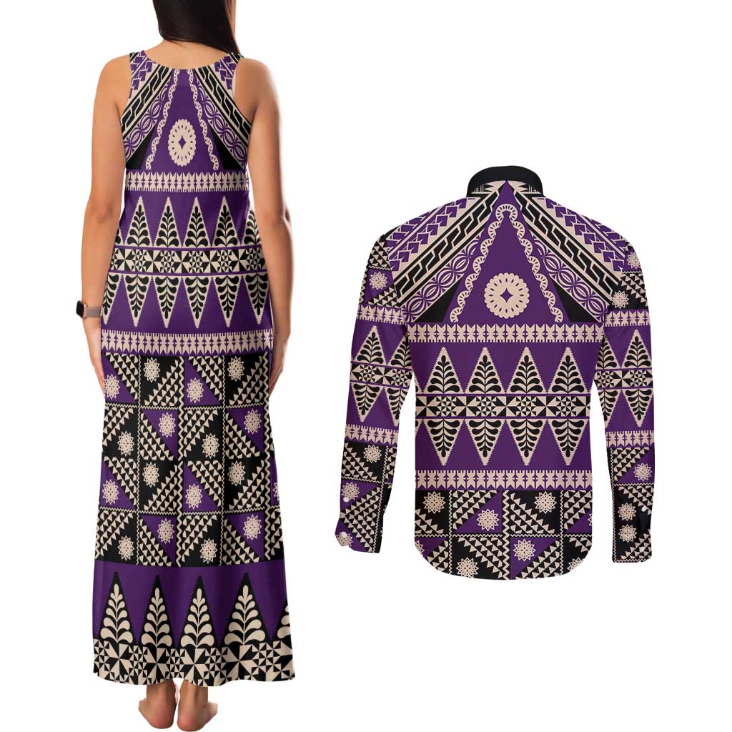 Vintage Bula Fiji Couples Matching Tank Maxi Dress and Long Sleeve Button Shirt Purple Tapa Masi Motif LT9 - Polynesian Pride