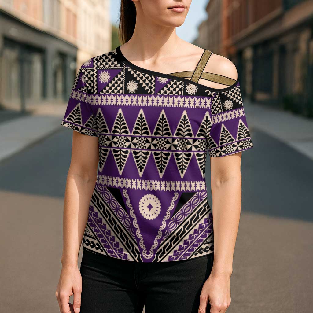 Vintage Bula Fiji Cross Shoulder Shirt Purple Tapa Masi Motif - Polynesian Pride