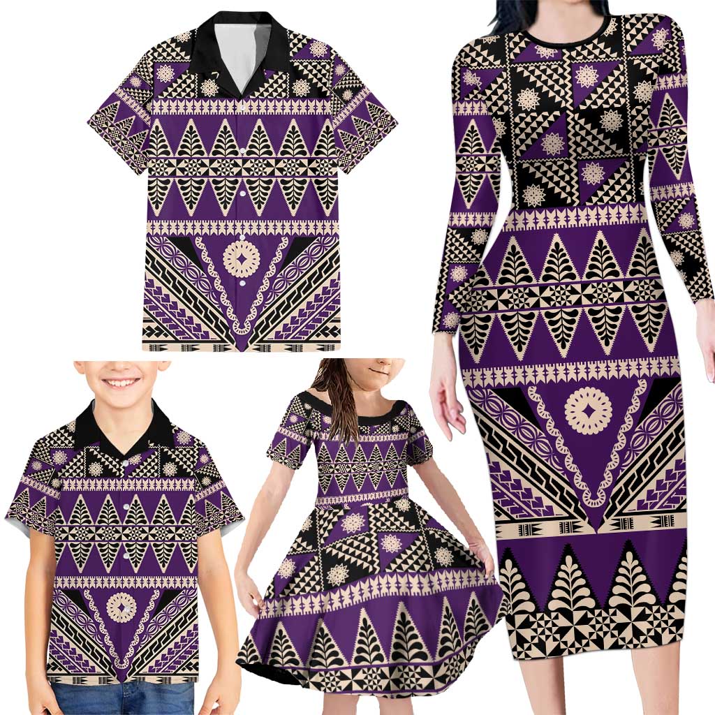 Vintage Bula Fiji Family Matching Long Sleeve Bodycon Dress and Hawaiian Shirt Purple Tapa Masi Motif LT9 - Polynesian Pride