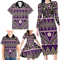 Vintage Bula Fiji Family Matching Long Sleeve Bodycon Dress and Hawaiian Shirt Purple Tapa Masi Motif LT9 - Polynesian Pride