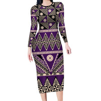 Vintage Bula Fiji Family Matching Long Sleeve Bodycon Dress and Hawaiian Shirt Purple Tapa Masi Motif LT9 Mom's Dress Purple - Polynesian Pride