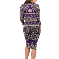 Vintage Bula Fiji Family Matching Long Sleeve Bodycon Dress and Hawaiian Shirt Purple Tapa Masi Motif LT9 - Polynesian Pride