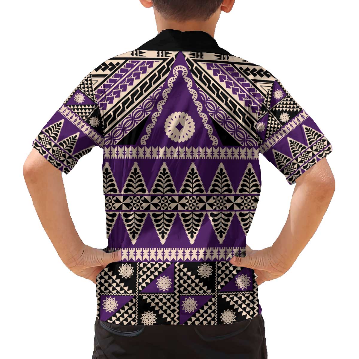 Vintage Bula Fiji Family Matching Off The Shoulder Long Sleeve Dress and Hawaiian Shirt Purple Tapa Masi Motif LT9 - Polynesian Pride