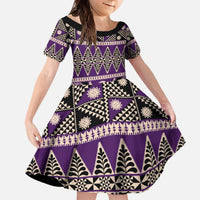 Vintage Bula Fiji Family Matching Off The Shoulder Long Sleeve Dress and Hawaiian Shirt Purple Tapa Masi Motif LT9 Daughter's Dress Purple - Polynesian Pride