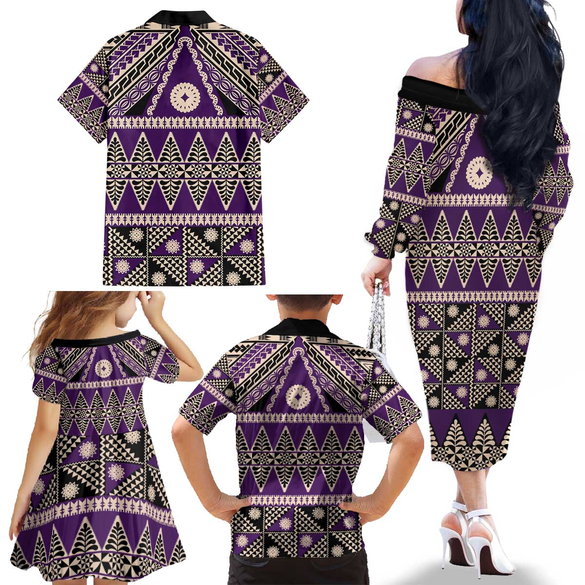 Vintage Bula Fiji Family Matching Off The Shoulder Long Sleeve Dress and Hawaiian Shirt Purple Tapa Masi Motif LT9 - Polynesian Pride