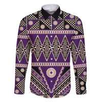 Vintage Bula Fiji Family Matching Off The Shoulder Long Sleeve Dress and Hawaiian Shirt Purple Tapa Masi Motif LT9 Dad's Shirt - Long Sleeve Purple - Polynesian Pride