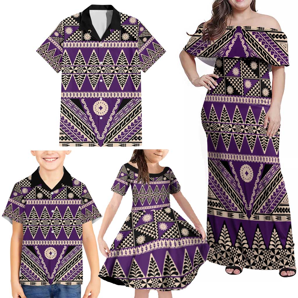 Vintage Bula Fiji Family Matching Off Shoulder Maxi Dress and Hawaiian Shirt Purple Tapa Masi Motif LT9 - Polynesian Pride