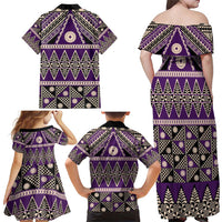 Vintage Bula Fiji Family Matching Off Shoulder Maxi Dress and Hawaiian Shirt Purple Tapa Masi Motif LT9 - Polynesian Pride