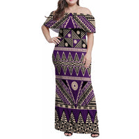 Vintage Bula Fiji Family Matching Off Shoulder Maxi Dress and Hawaiian Shirt Purple Tapa Masi Motif LT9 Mom's Dress Purple - Polynesian Pride