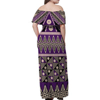 Vintage Bula Fiji Family Matching Off Shoulder Maxi Dress and Hawaiian Shirt Purple Tapa Masi Motif LT9 - Polynesian Pride