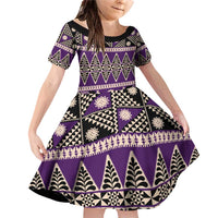 Vintage Bula Fiji Family Matching Off Shoulder Short Dress and Hawaiian Shirt Purple Tapa Masi Motif LT9 Daughter's Dress Purple - Polynesian Pride