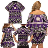 Vintage Bula Fiji Family Matching Off Shoulder Short Dress and Hawaiian Shirt Purple Tapa Masi Motif LT9 - Polynesian Pride
