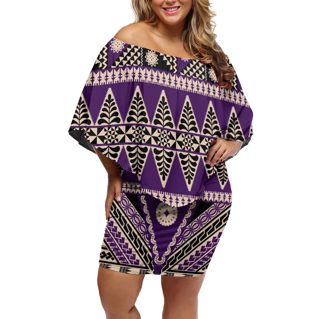 Vintage Bula Fiji Family Matching Off Shoulder Short Dress and Hawaiian Shirt Purple Tapa Masi Motif LT9 Mom's Dress Purple - Polynesian Pride