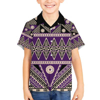 Vintage Bula Fiji Family Matching Off Shoulder Short Dress and Hawaiian Shirt Purple Tapa Masi Motif LT9 Son's Shirt Purple - Polynesian Pride