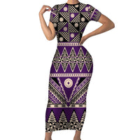 Vintage Bula Fiji Family Matching Short Sleeve Bodycon Dress and Hawaiian Shirt Purple Tapa Masi Motif LT9 Mom's Dress Purple - Polynesian Pride