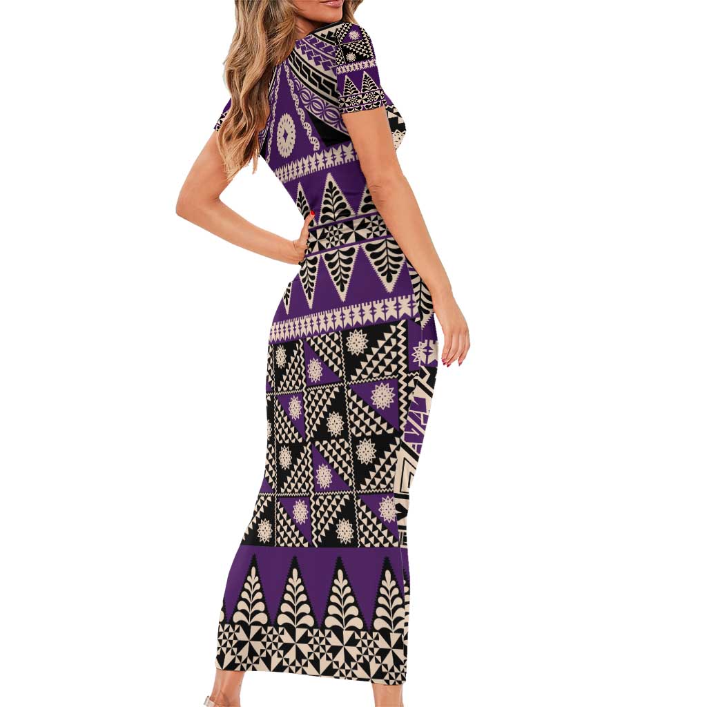 Vintage Bula Fiji Family Matching Short Sleeve Bodycon Dress and Hawaiian Shirt Purple Tapa Masi Motif LT9 - Polynesian Pride