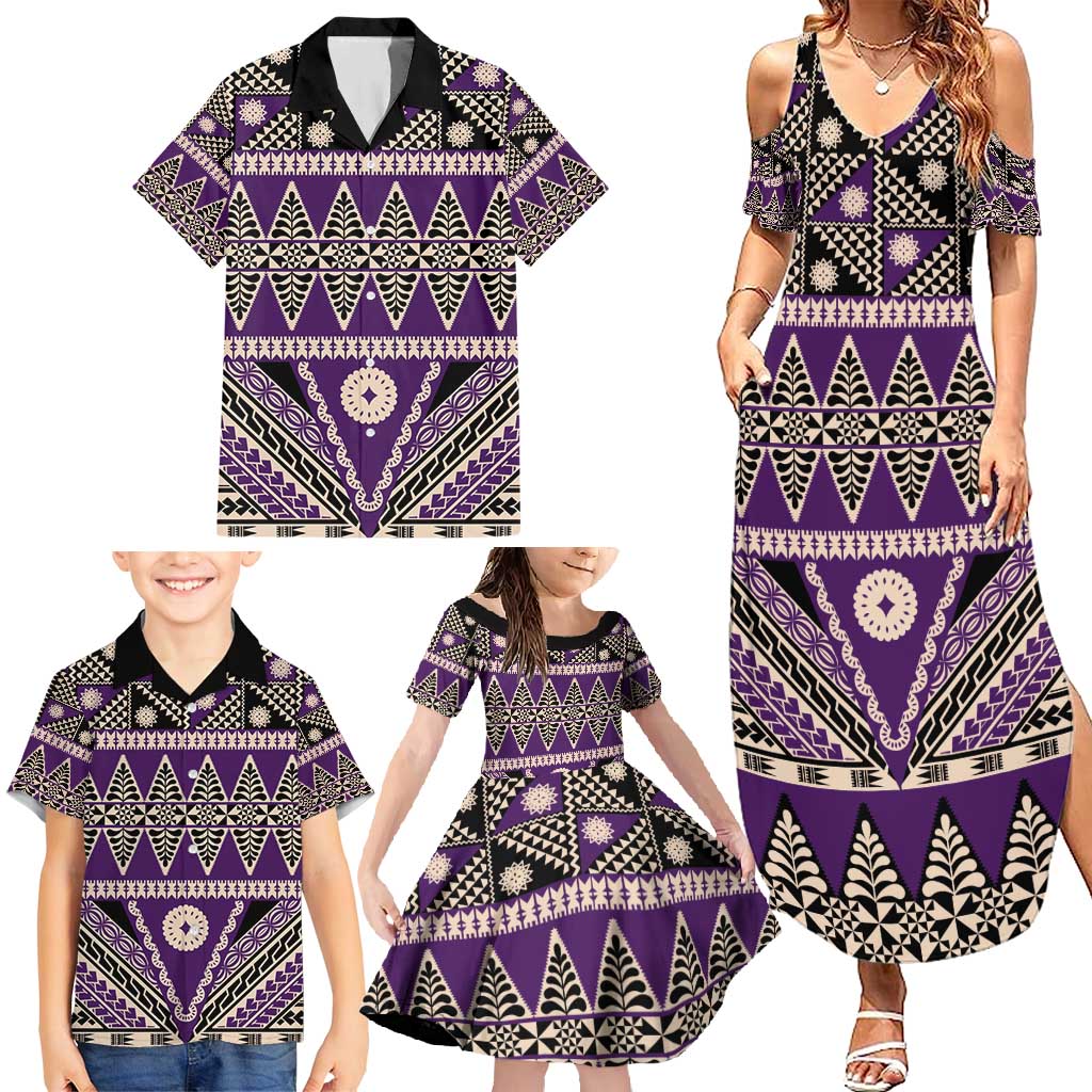 Vintage Bula Fiji Family Matching Summer Maxi Dress and Hawaiian Shirt Purple Tapa Masi Motif LT9 - Polynesian Pride
