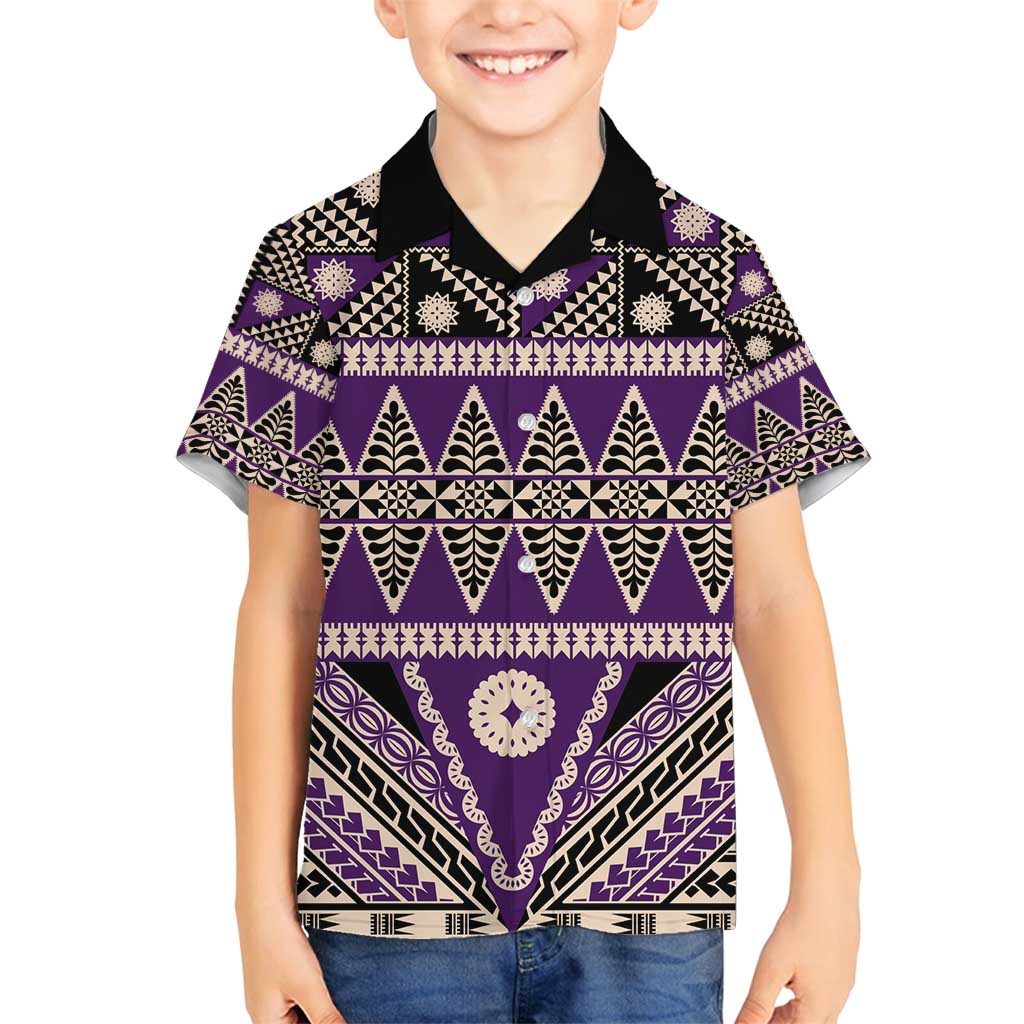 Vintage Bula Fiji Family Matching Summer Maxi Dress and Hawaiian Shirt Purple Tapa Masi Motif LT9 Son's Shirt Purple - Polynesian Pride