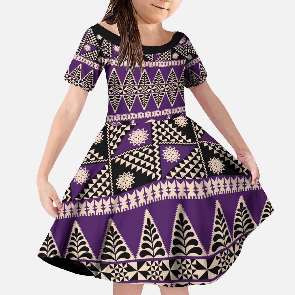 Vintage Bula Fiji Family Matching Tank Maxi Dress and Hawaiian Shirt Purple Tapa Masi Motif LT9 Daughter's Dress Purple - Polynesian Pride